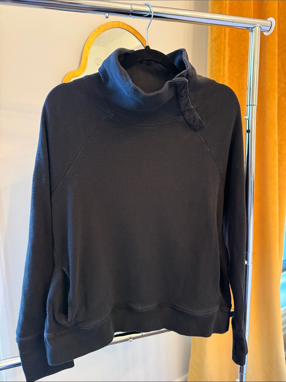 Pact Organic Cotton Black Women's Funnel Neck waffle Sweater